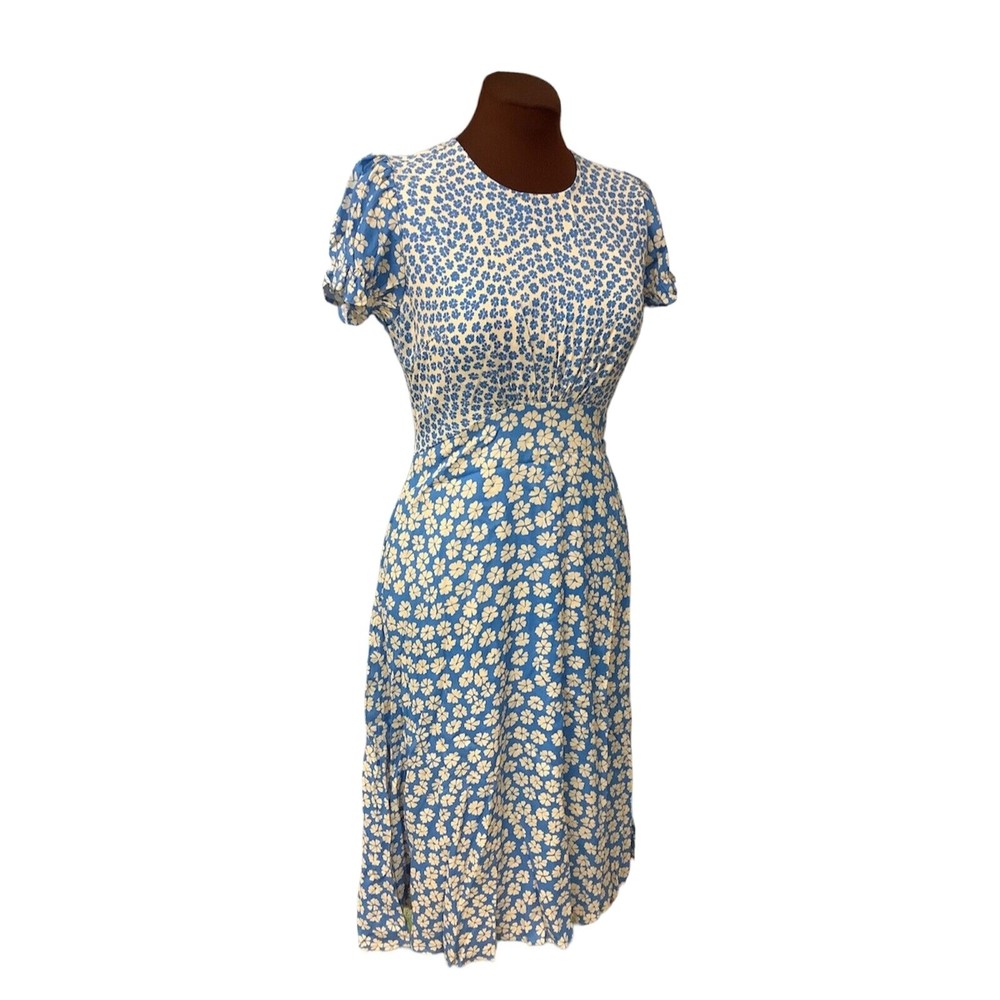 Capulet Womens Blue Floral Keyhole Back Short Sleeve Lined Midi Dress Size XS
